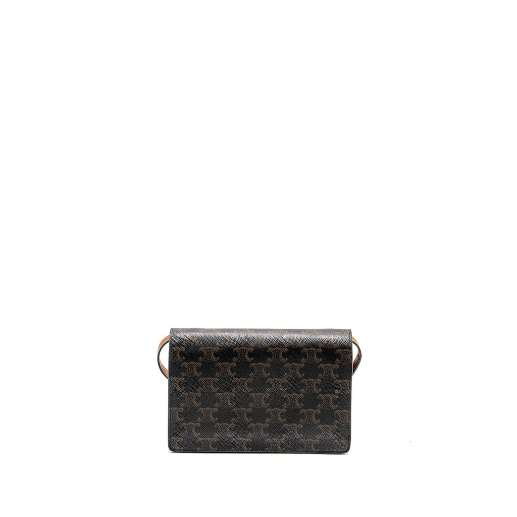 Celine Wallet On Strap Triomphe Canvas /Smooth Lambskin Tan