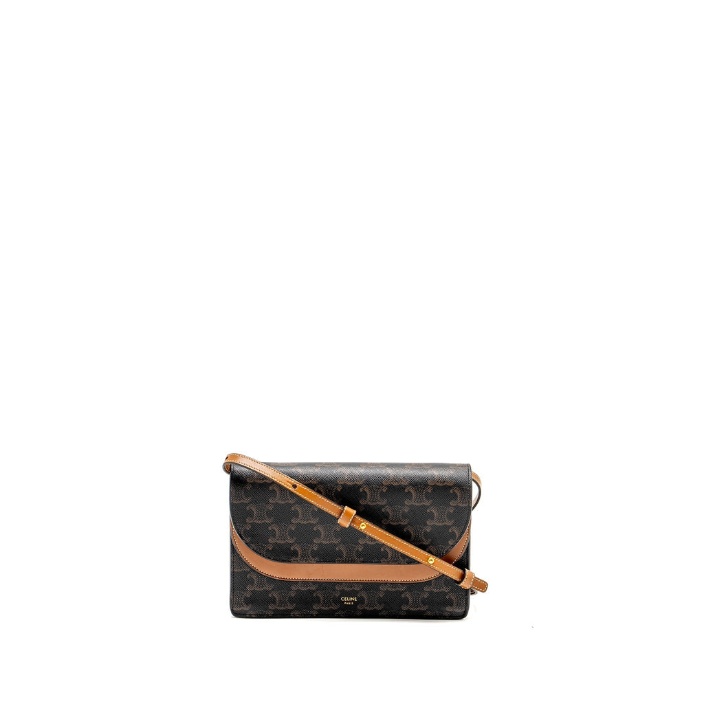Celine Wallet On Strap Triomphe Canvas /Smooth Lambskin Tan