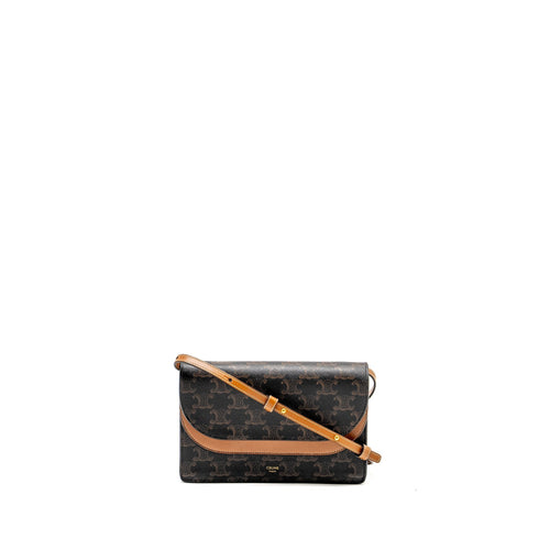 Celine Wallet On Strap Triomphe Canvas /Smooth Lambskin Tan