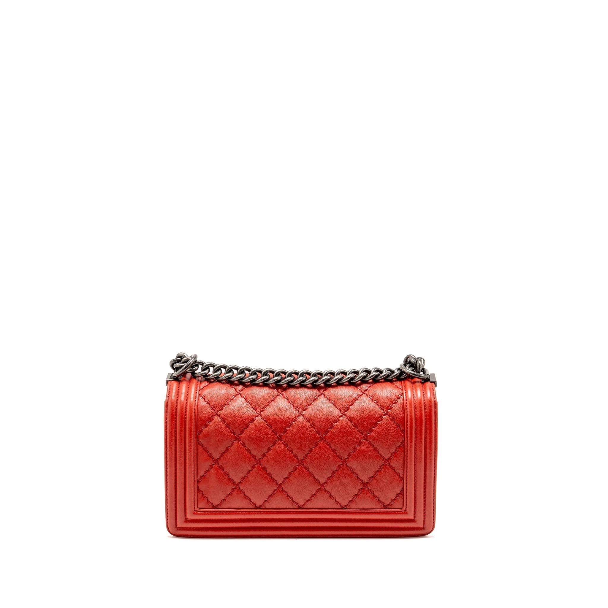 Chanel Quilted Medium Boy Bag Calfskin Red Ruthenium Silver Hardware