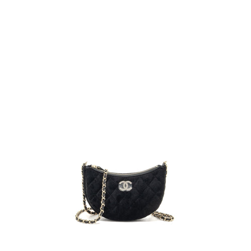 Chanel Quilted Crystal Mini Hobo Crossbody Bag Velvet Black LGHW (microchip)