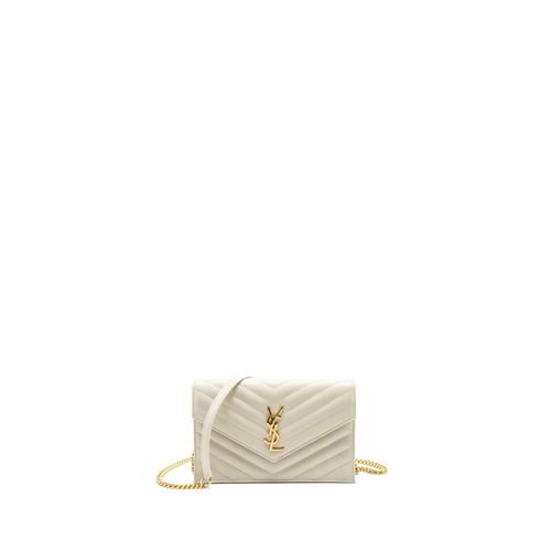 Saint Laurent envelope chain wallet grained calfskin cream soft GHW