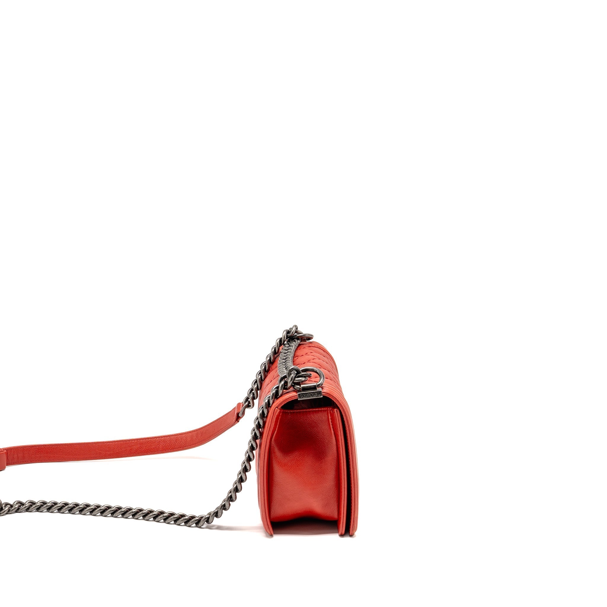 Chanel Quilted Medium Boy Bag Calfskin Red Ruthenium Silver Hardware