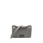 Chanel Medium Boy Bag Chevron Caviar Grey Ruthenium Silver Hardware