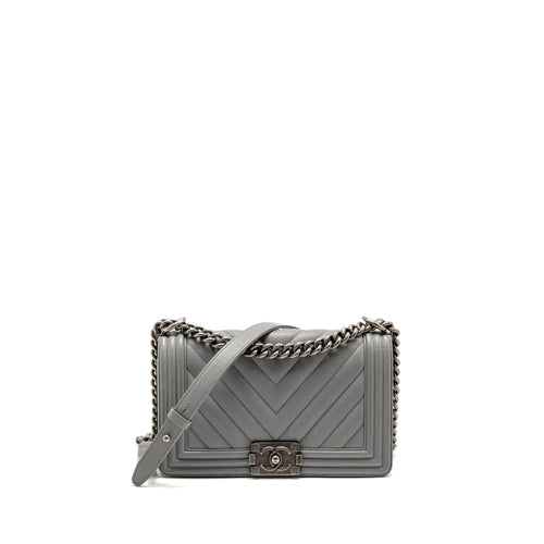 Chanel Medium Boy Bag Chevron Caviar Grey Ruthenium Silver Hardware