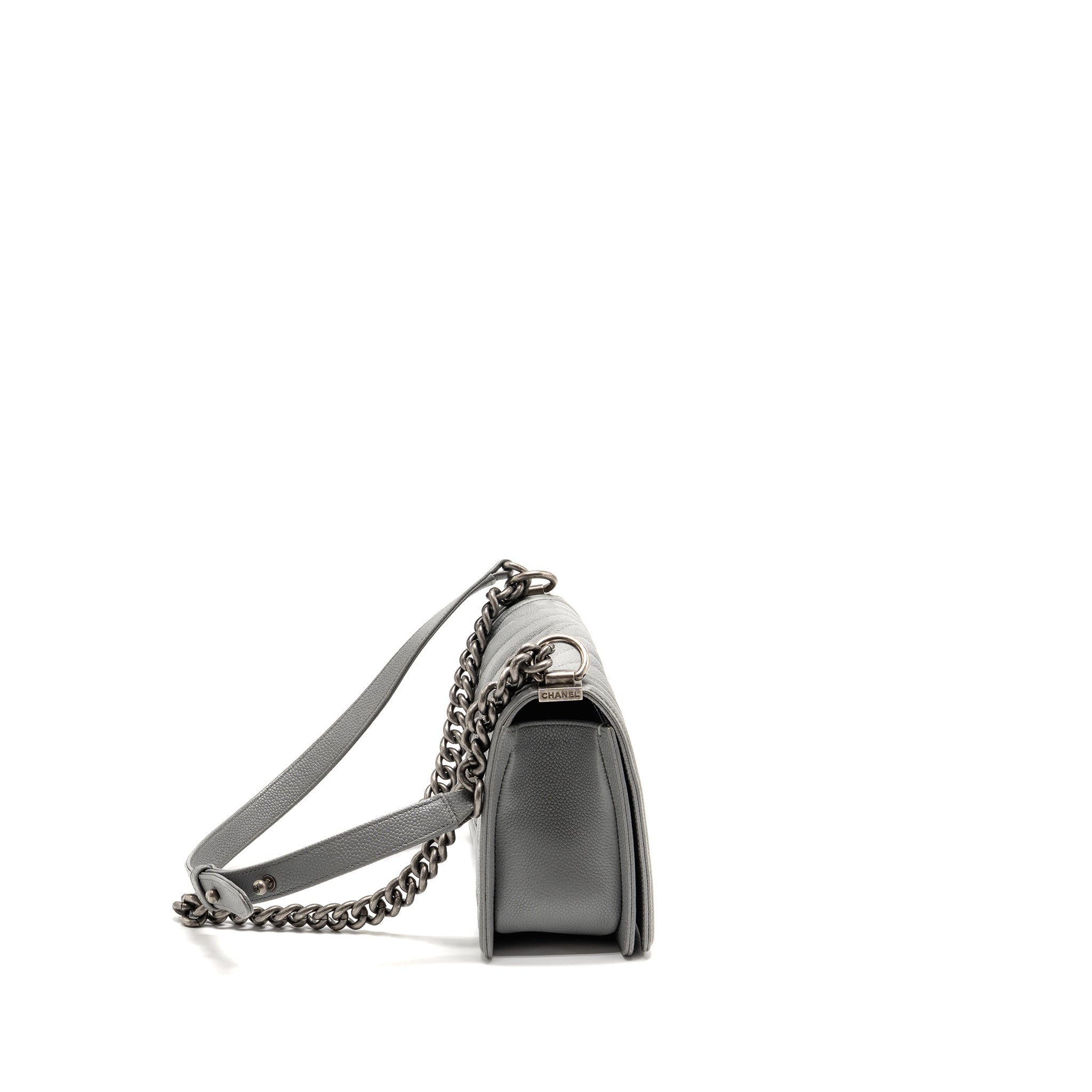 Chanel Medium Boy Bag Chevron Caviar Grey Ruthenium Silver Hardware