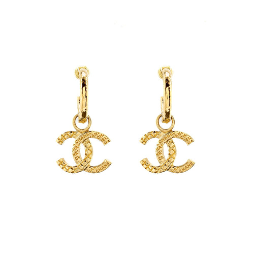 Chanel Quilted CC Logo Hoop Earrings Gold Tone