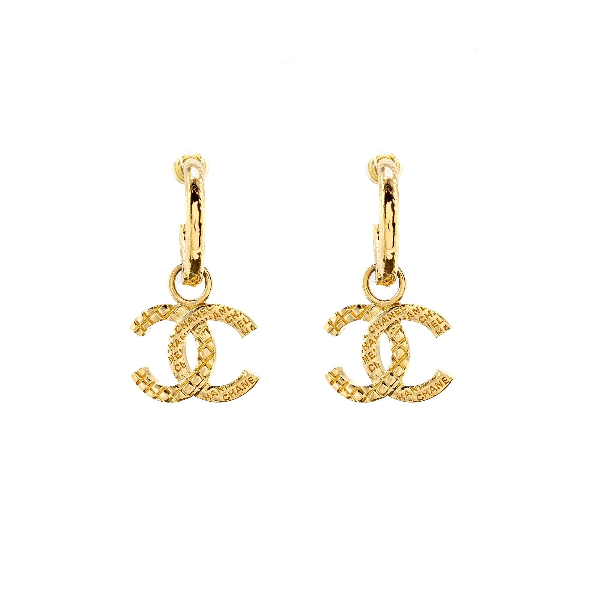 Chanel Quilted CC Logo Hoop Earrings Gold Tone