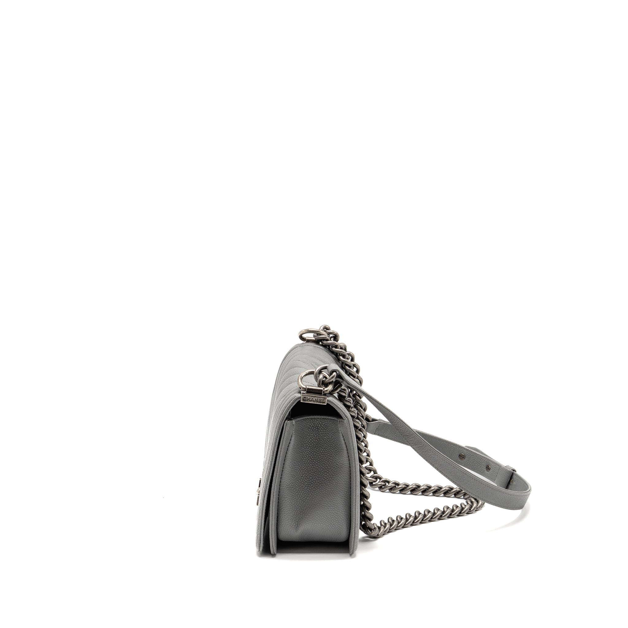 Chanel Medium Boy Bag Chevron Caviar Grey Ruthenium Silver Hardware