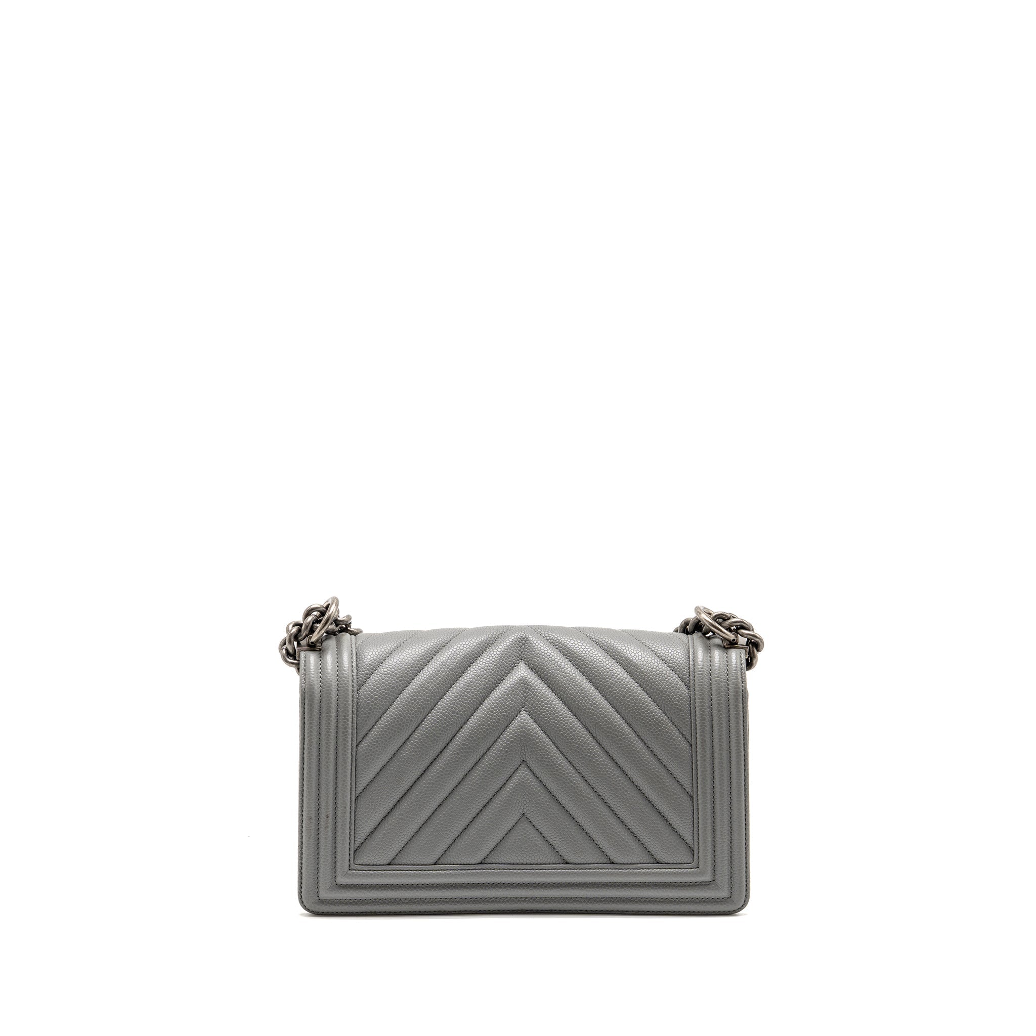 Chanel Medium Boy Bag Chevron Caviar Grey Ruthenium Silver Hardware