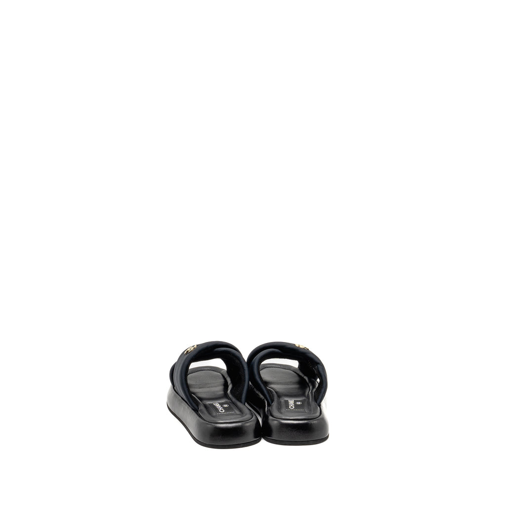 Chanel Size 38 CC Puffy Mule Sandals Fabric/Leather Black GHW