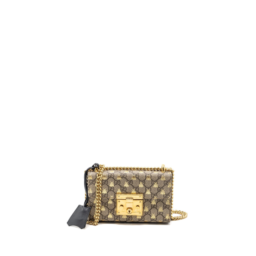 Gucci small padlock chain bag GG supreme canvas with Bee print beige / black GHW