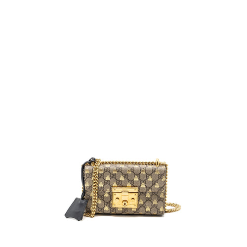 Gucci small padlock chain bag GG supreme canvas with Bee print beige / black GHW