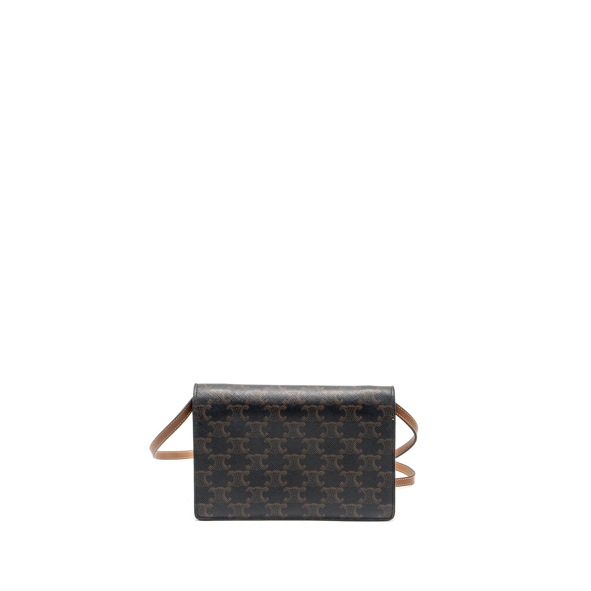 Celine Wallet on strap Triomphe Canvas / Smooth Lambskin Tan