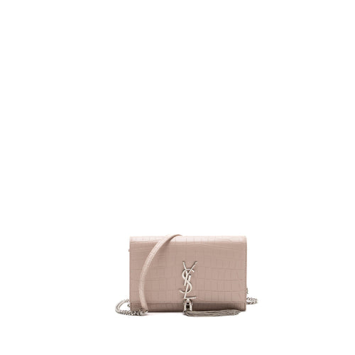 Saint Laurent Kate Wallet On Chain Croc Embossed Leather Light Pink SHW