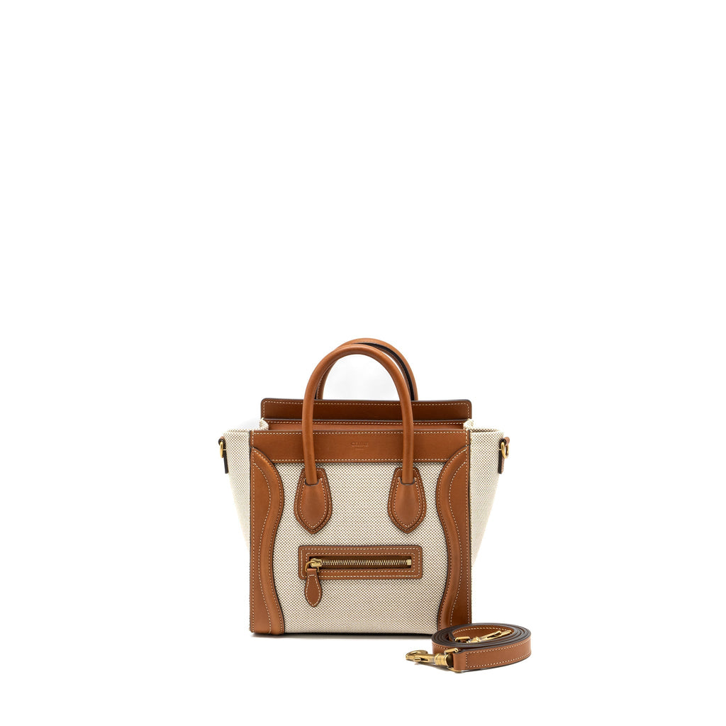 Celine Nano Luggage Bag Canvas/Leather Tan/White