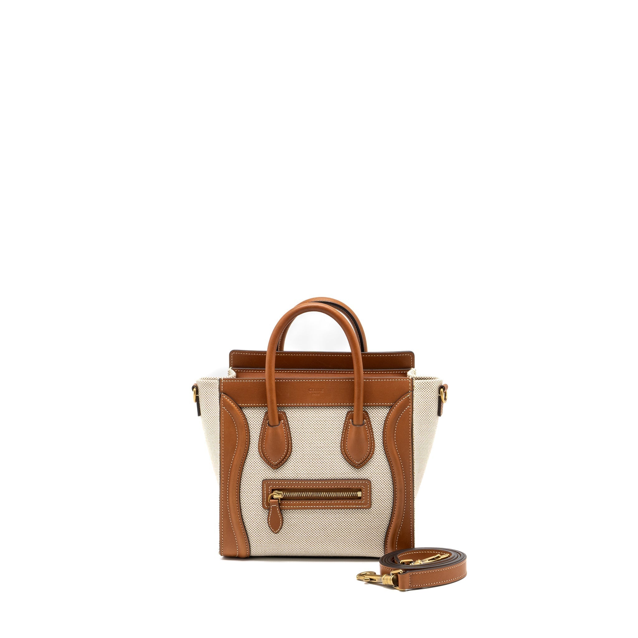 Celine Nano Luggage Bag Canvas/Leather Tan/White