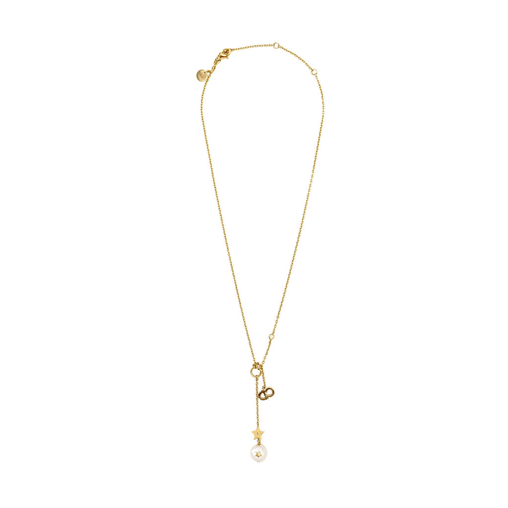 Dior CD Star and Pearl Drop Necklace Crystal Gold Tone