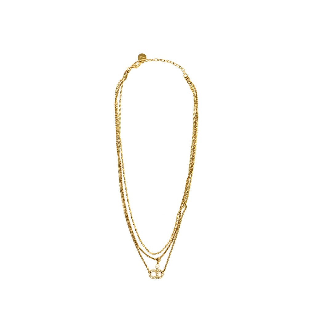 Dior CD and Pearl Necklace Crystal Gold Tone