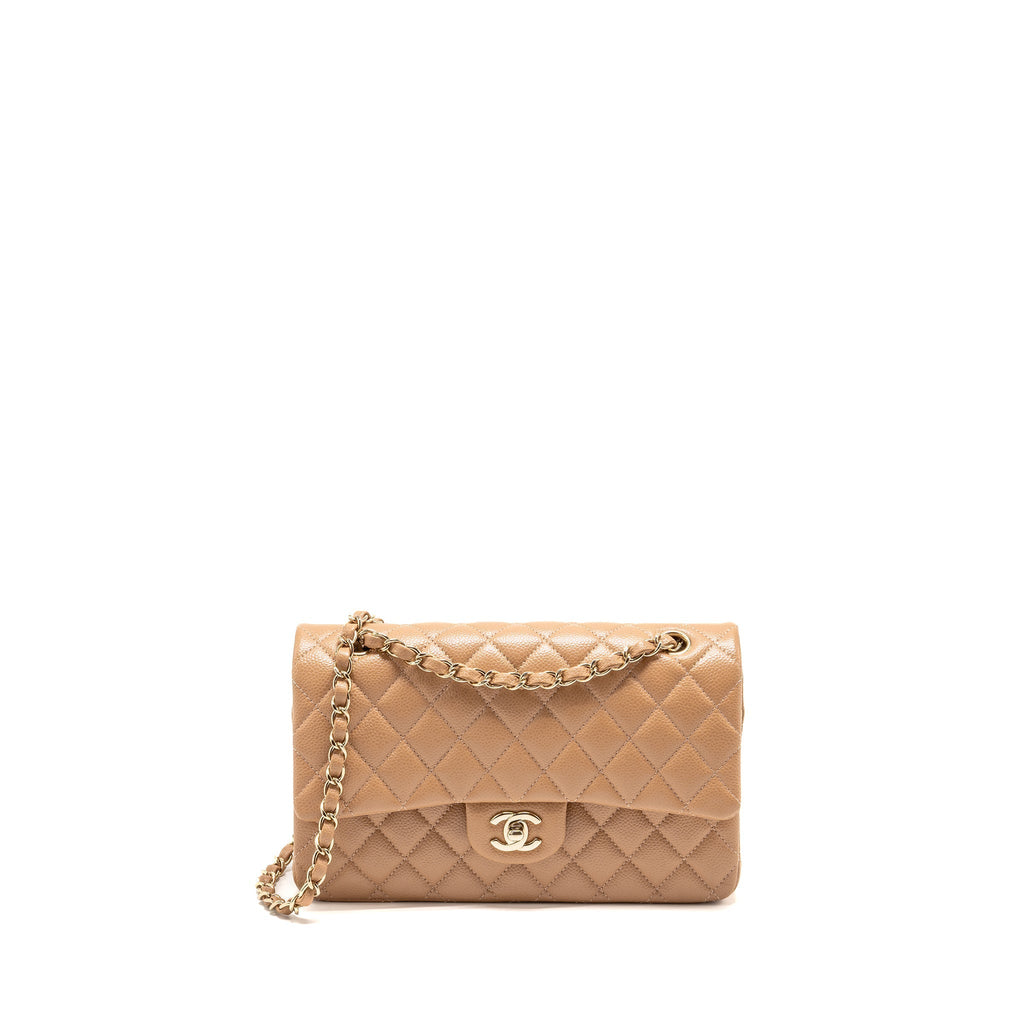 Chanel Medium Classic Double Flap Bag Caviar Dark Beige LGHW