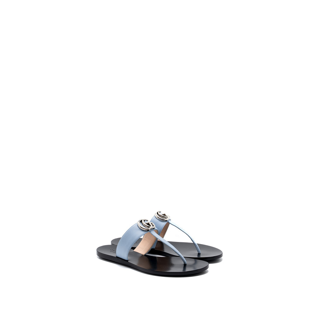 Gucci Size 37 Leather Thong Sandal With Double G Leather Light Blue SHW