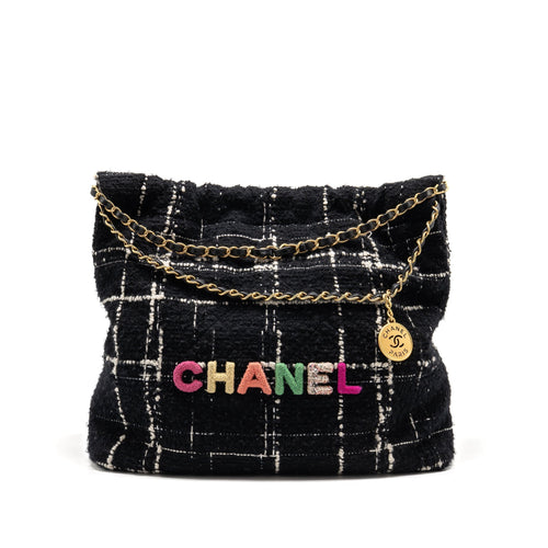 Chanel Medium 22 Bag Quilted Tweed Black / Multicolour GHW (Microchip)