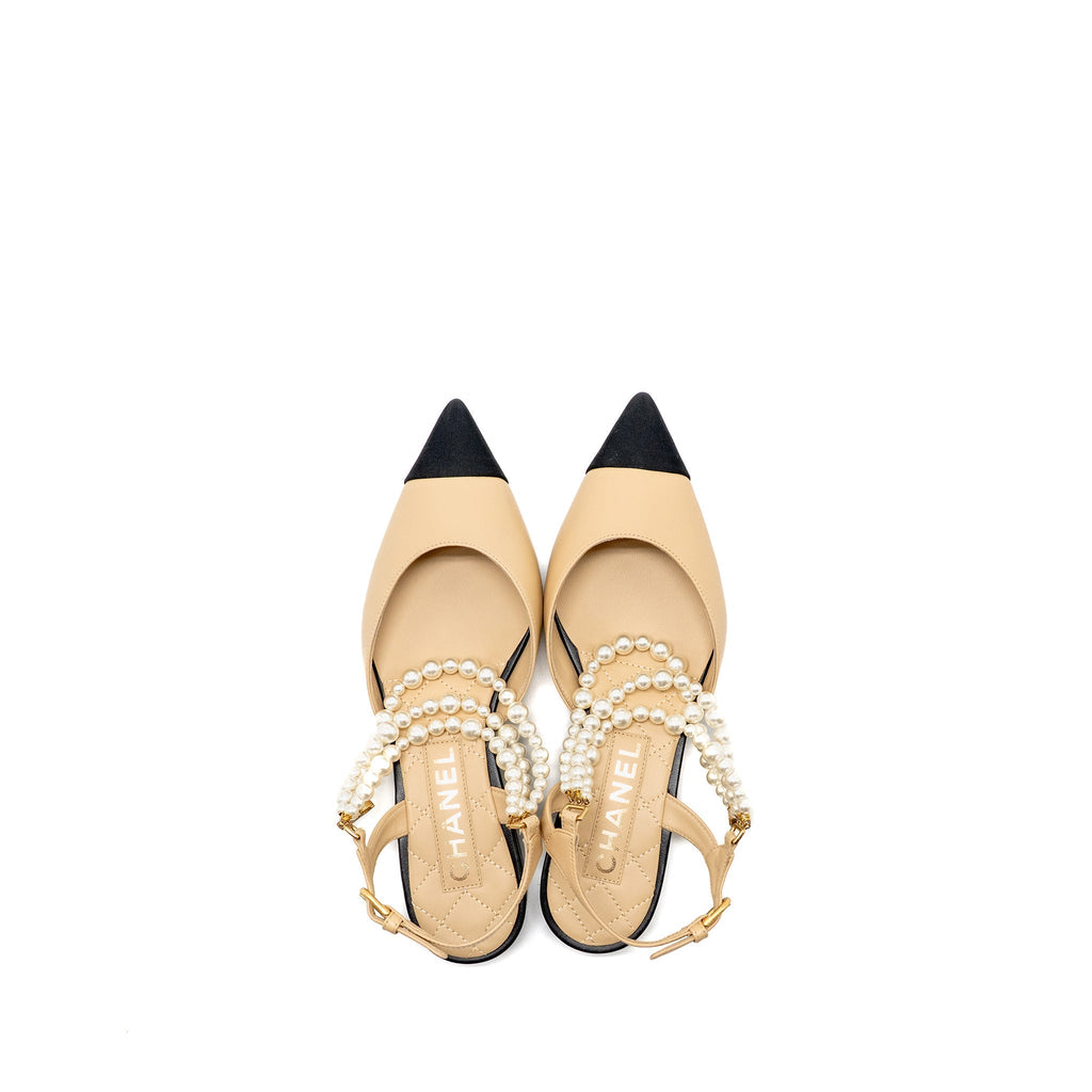 Chanel size 36.5 Slingback with pearl straps beige/ black