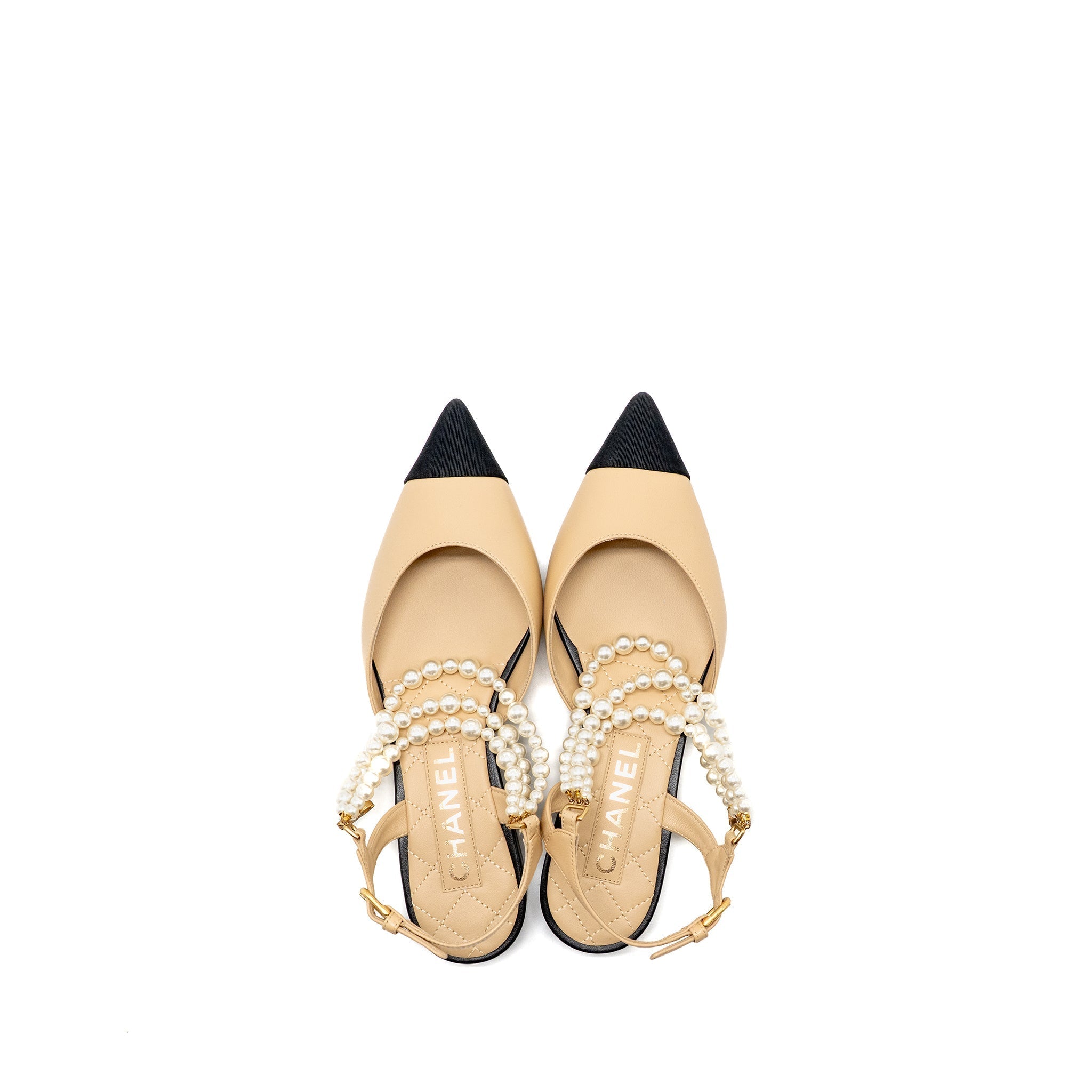 Chanel size 36.5 Slingback with pearl straps beige/ black