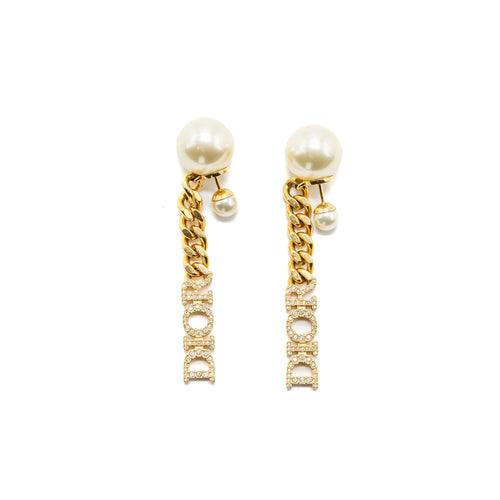 Dior Letter Dropped Earrings Crystal/Pearl Gold Tone