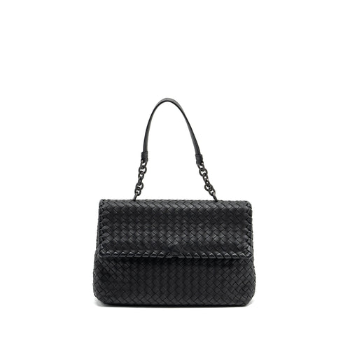 Bottega Veneta Single Chain Flap Bag Leather Black with Black Hardware