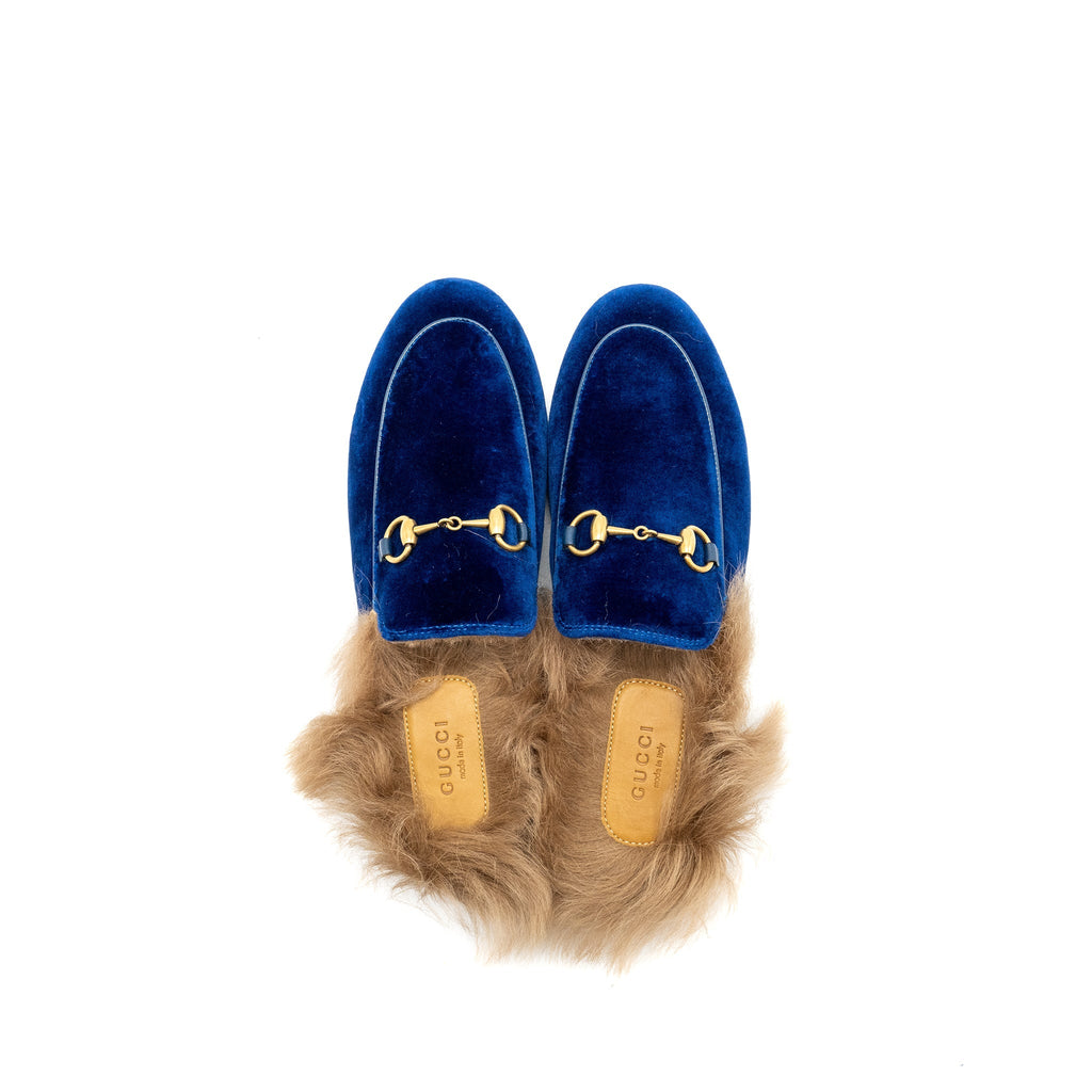 Gucci Size 36.5 Horsebit Princetown Fur Slipper Velvet Blue GHW