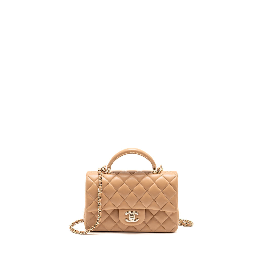 Chanel Top Handle Mini Rectangular Lambskin Beige LGHW (Microchip)