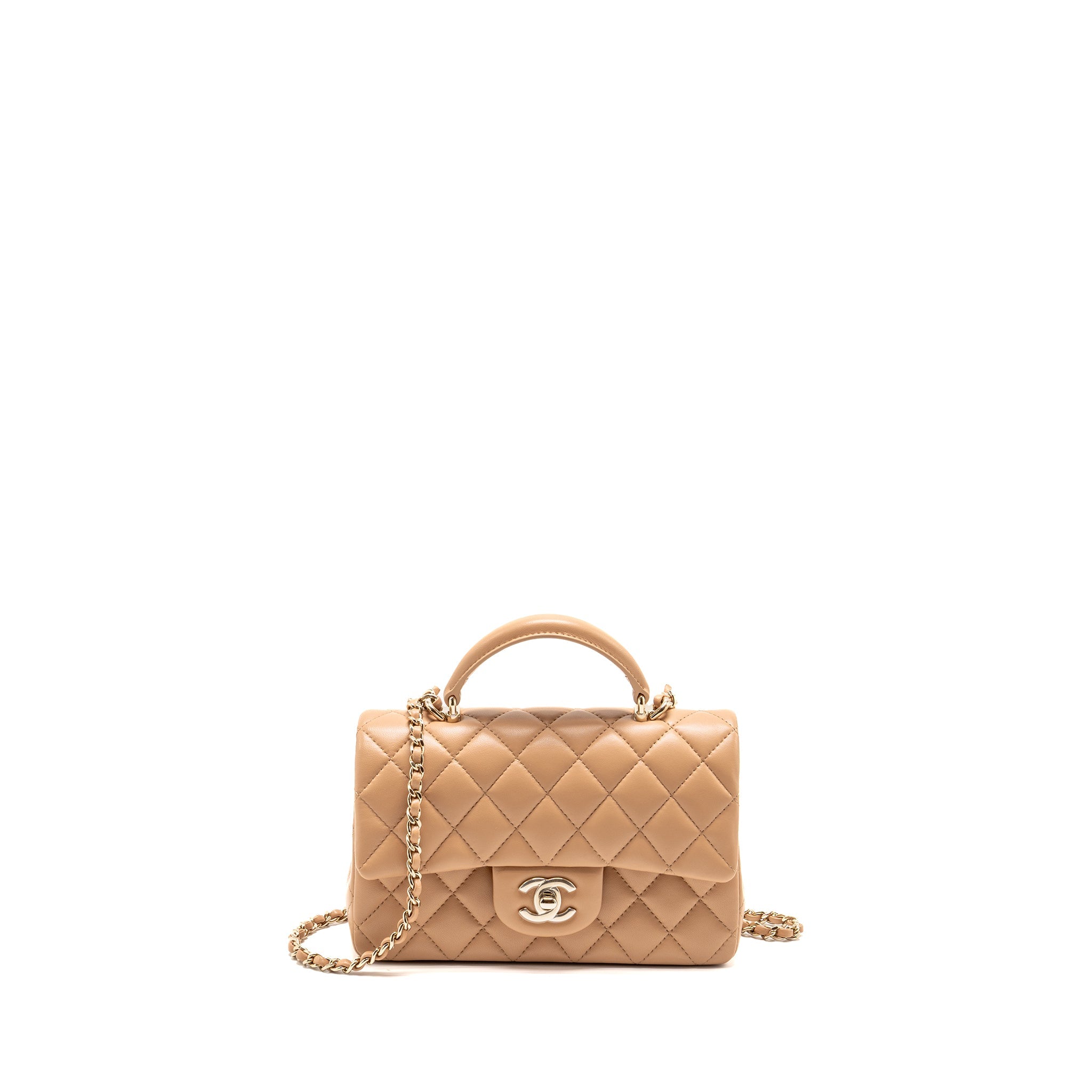 Chanel Top Handle Mini Rectangular Lambskin Beige LGHW (Microchip)
