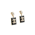 Chanel Enamel Giant Square CC Logo Dropped Earrings Light Gold Tone