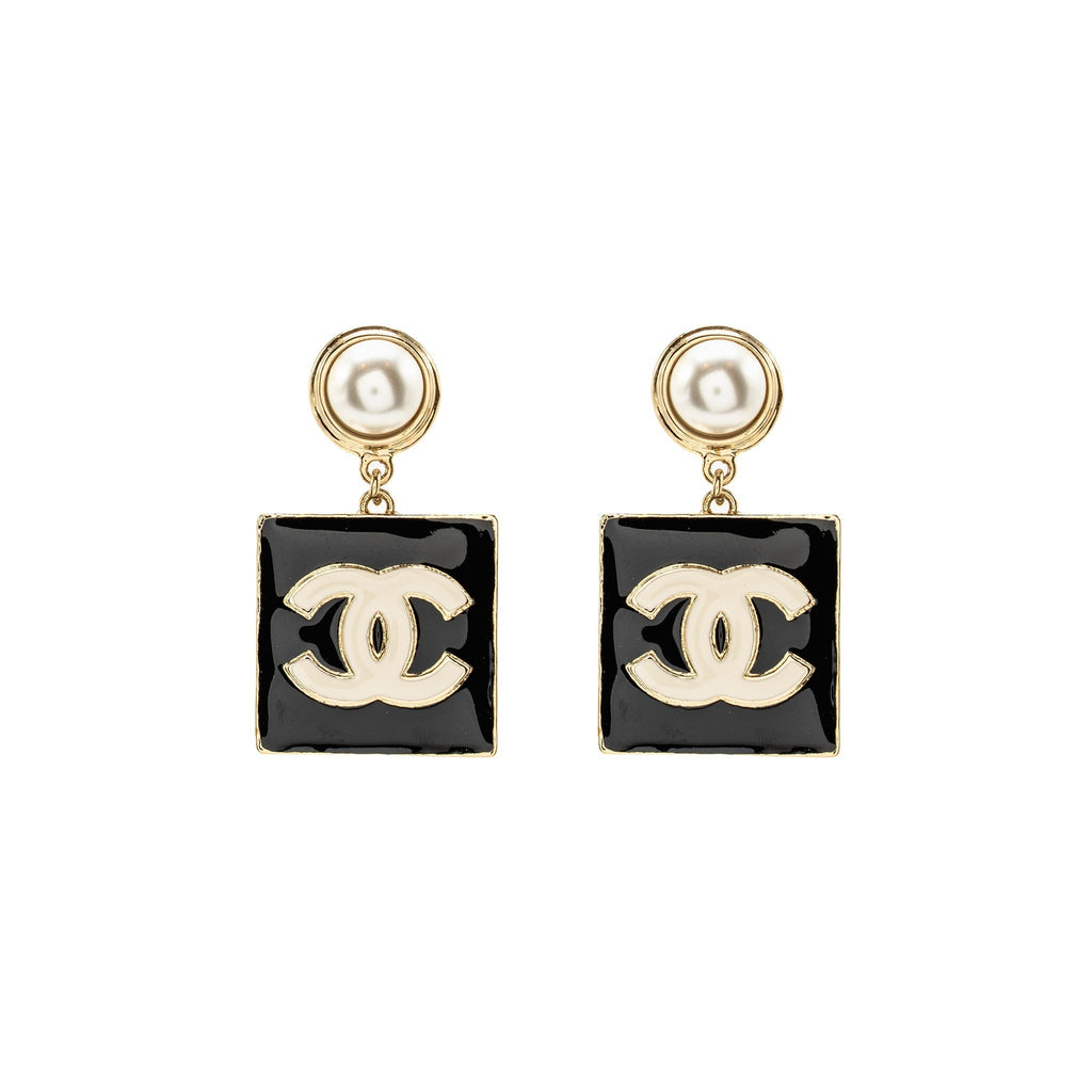 Chanel Enamel Giant Square CC Logo Dropped Earrings Light Gold Tone