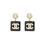Chanel Enamel Giant Square CC Logo Dropped Earrings Light Gold Tone