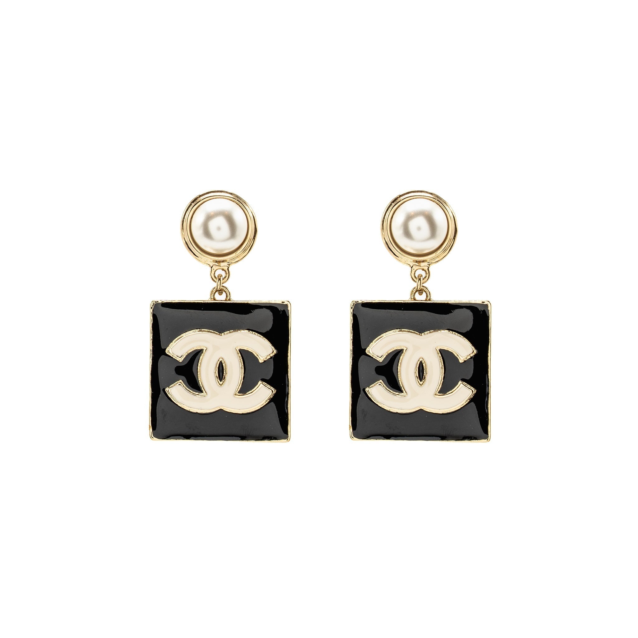 Chanel Enamel Giant Square CC Logo Dropped Earrings Light Gold Tone
