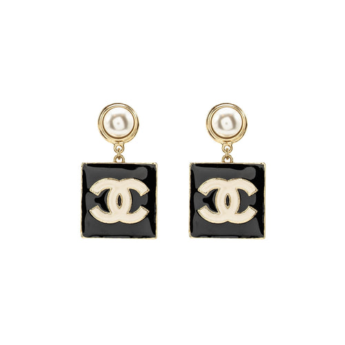 Chanel Enamel Giant Square CC Logo Dropped Earrings Light Gold Tone