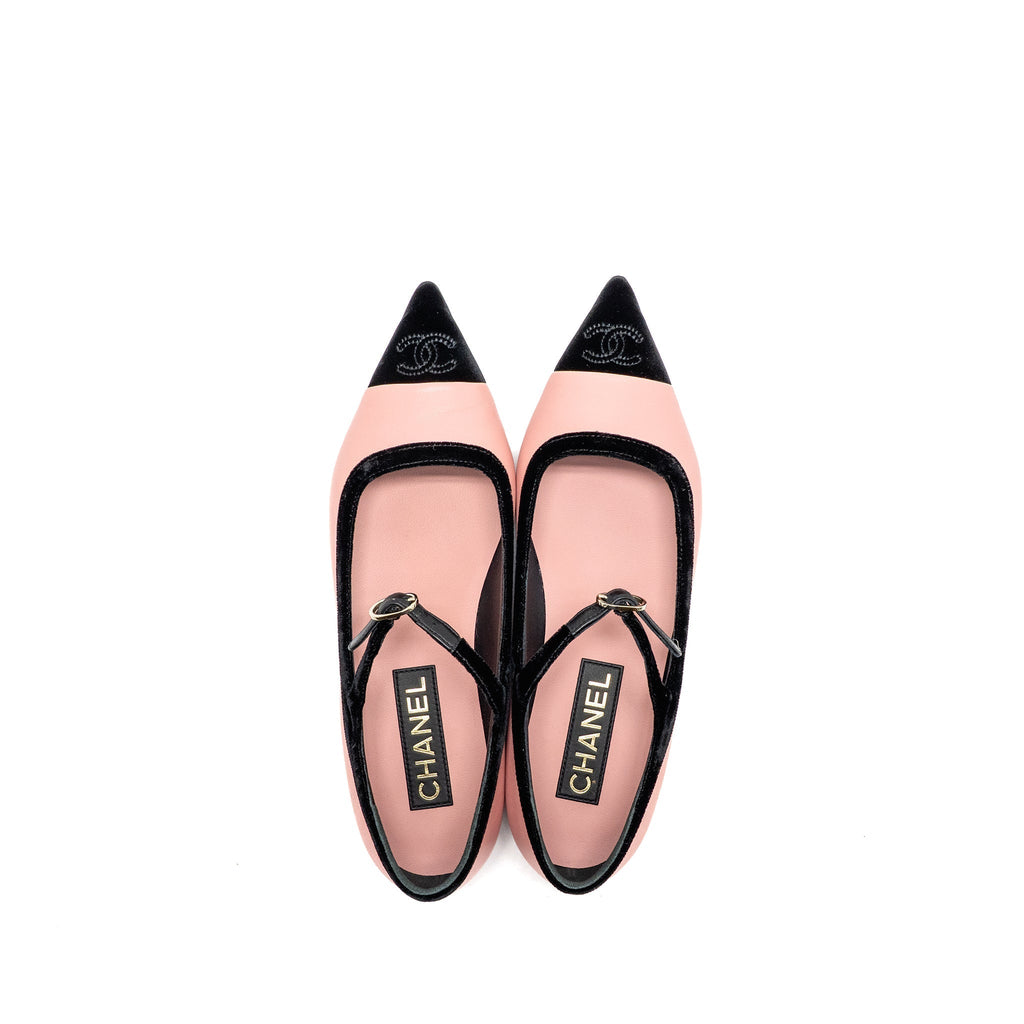 Chanel Size 38 Mary Janes Lambskin/Velvet Pink/Black LGHW