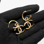 Chanel Quilted CC Logo Hoop Earrings Gold Tone