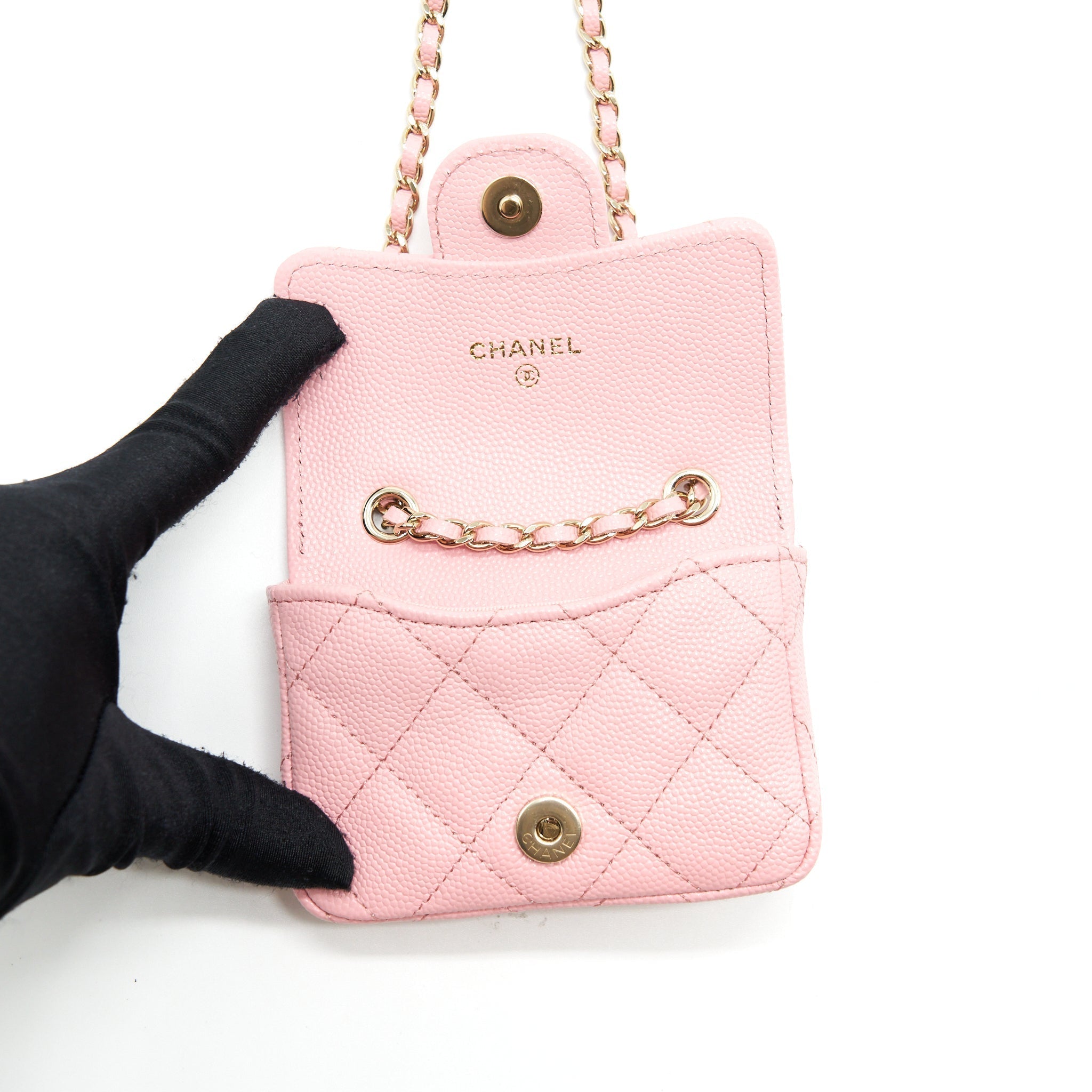 Chanel 22P Mini Flap Belt Bag/Card Holder Caviar Light Pink LGHW