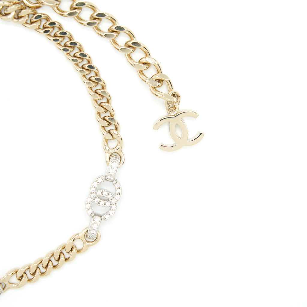 Chanel 22S CC Logo Choker/ Double Chain bracelet Light Gold Tone