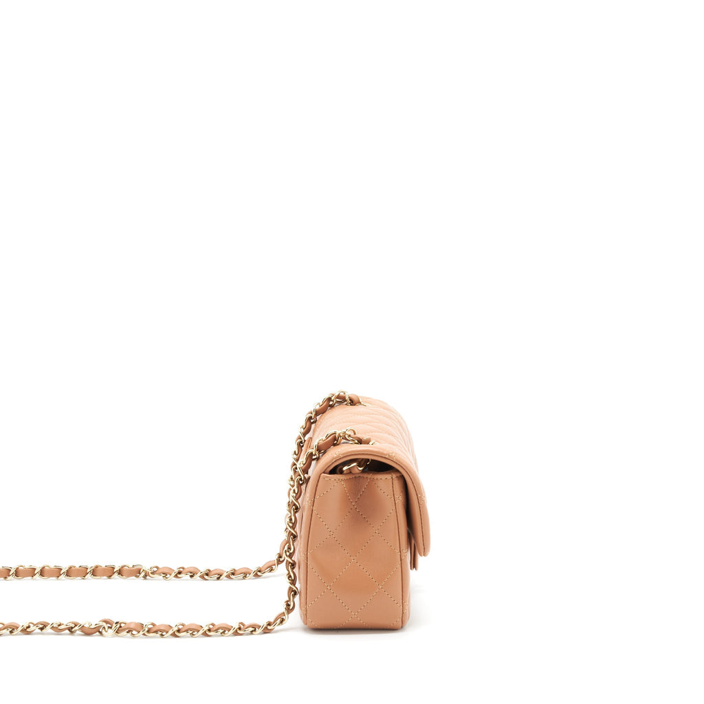 Chanel Mini Rectangular Flap Bag Lambskin Caramel LGHW