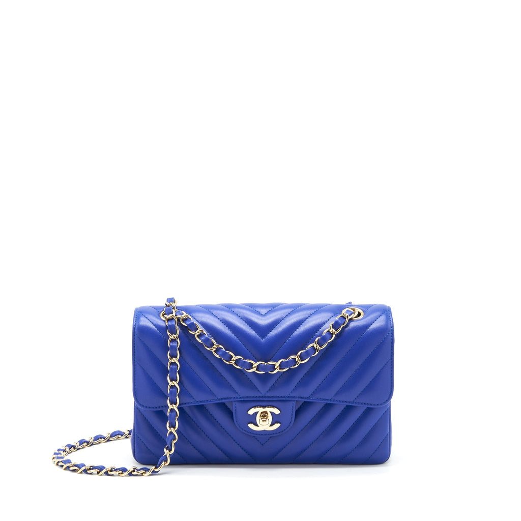 Chanel Small Classic Flap Bag Chevron Lambskin Blue LGHW