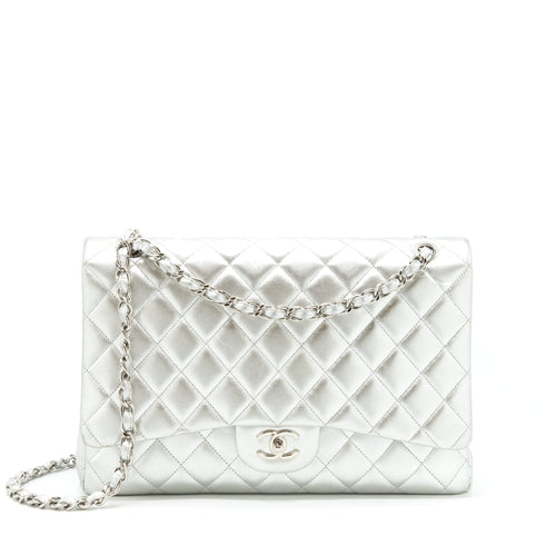 Chanel Maxi Classic Double Flap Bag Lambskin Sliver SHW