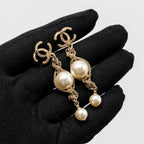 Chanel Chain/Pearl Dropped CC Logo Earrings Gold Tone