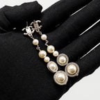 Chanel Crystal Pearl Dropped CC Logo Earrings Silver Tone