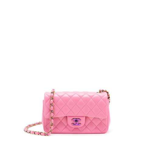 Chanel Mini Rectangular Flap Bag Lambskin Pink with Rainbow Hardware