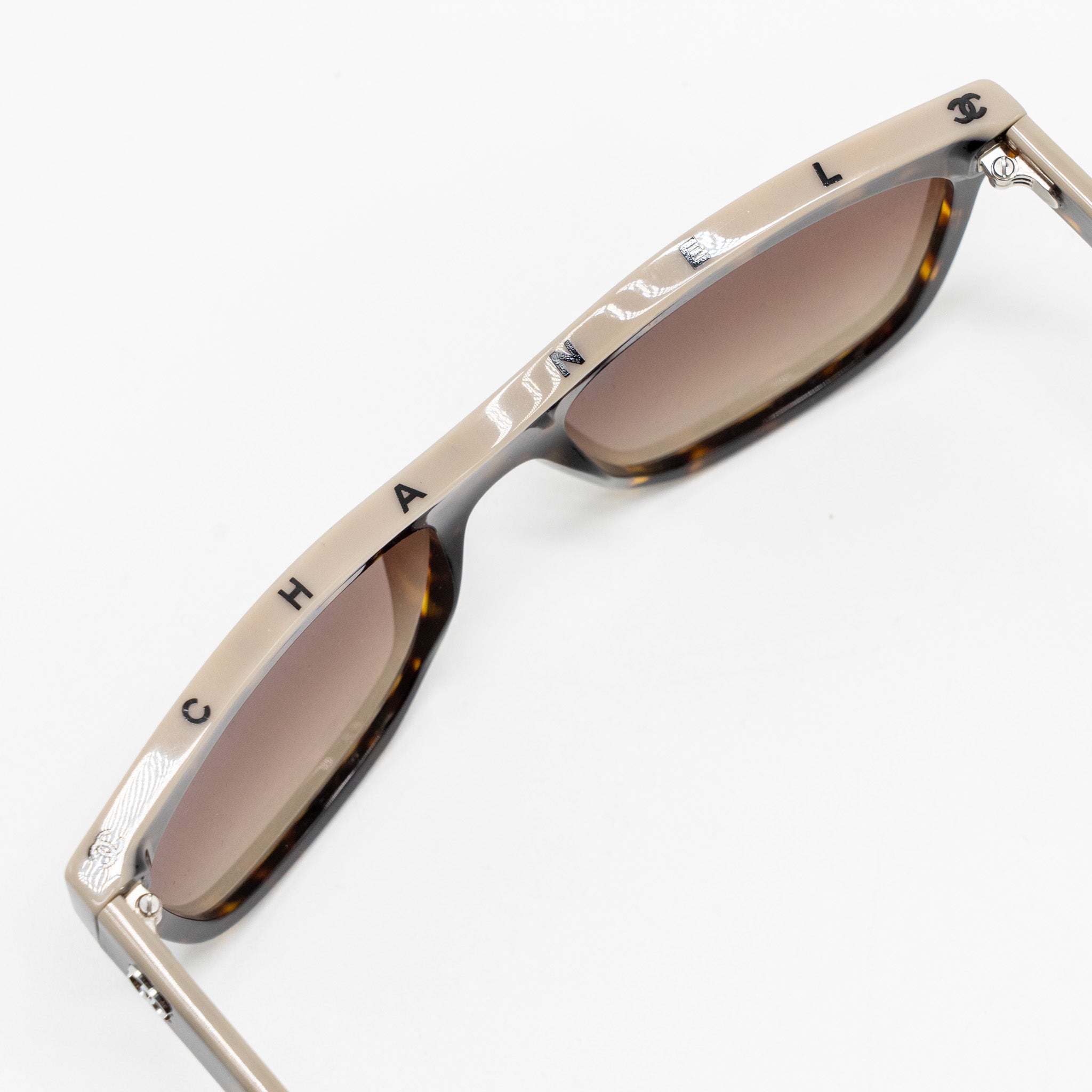 Chanel CC and Letter Logo Shield Sunglasses Dark Tortoise/Beige Brown SHW