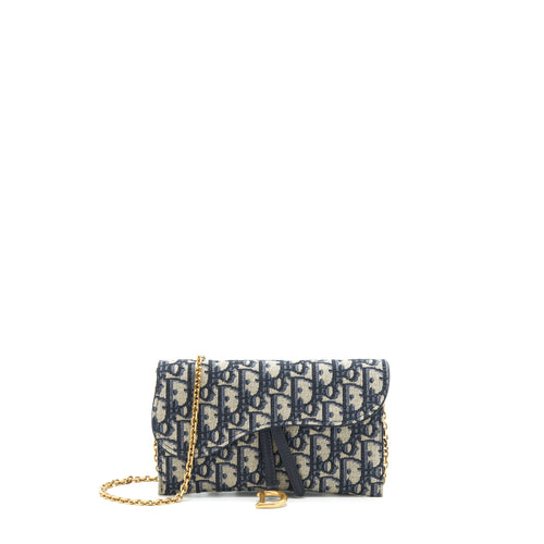 Dior Saddle Wallet On Chain Blue Oblique Jacquard